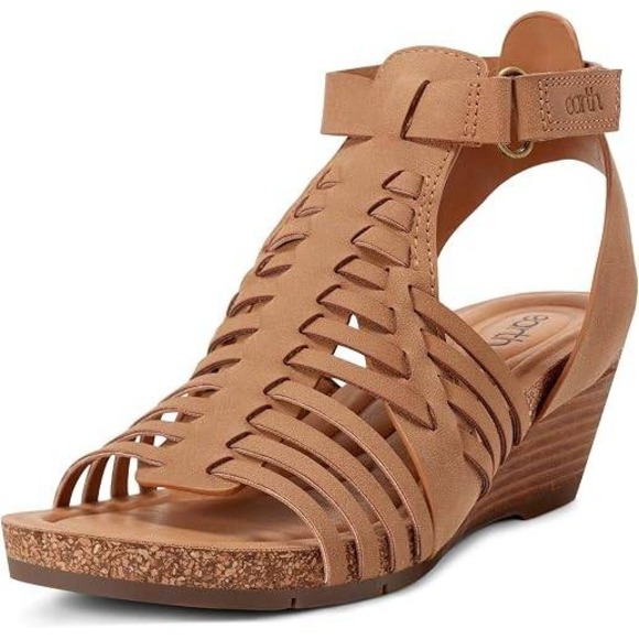 Earth Shoes - Earth Hattie Fisherman Wedge Sandals Cognac Brown Leather Strappy Womens 8 M NEW